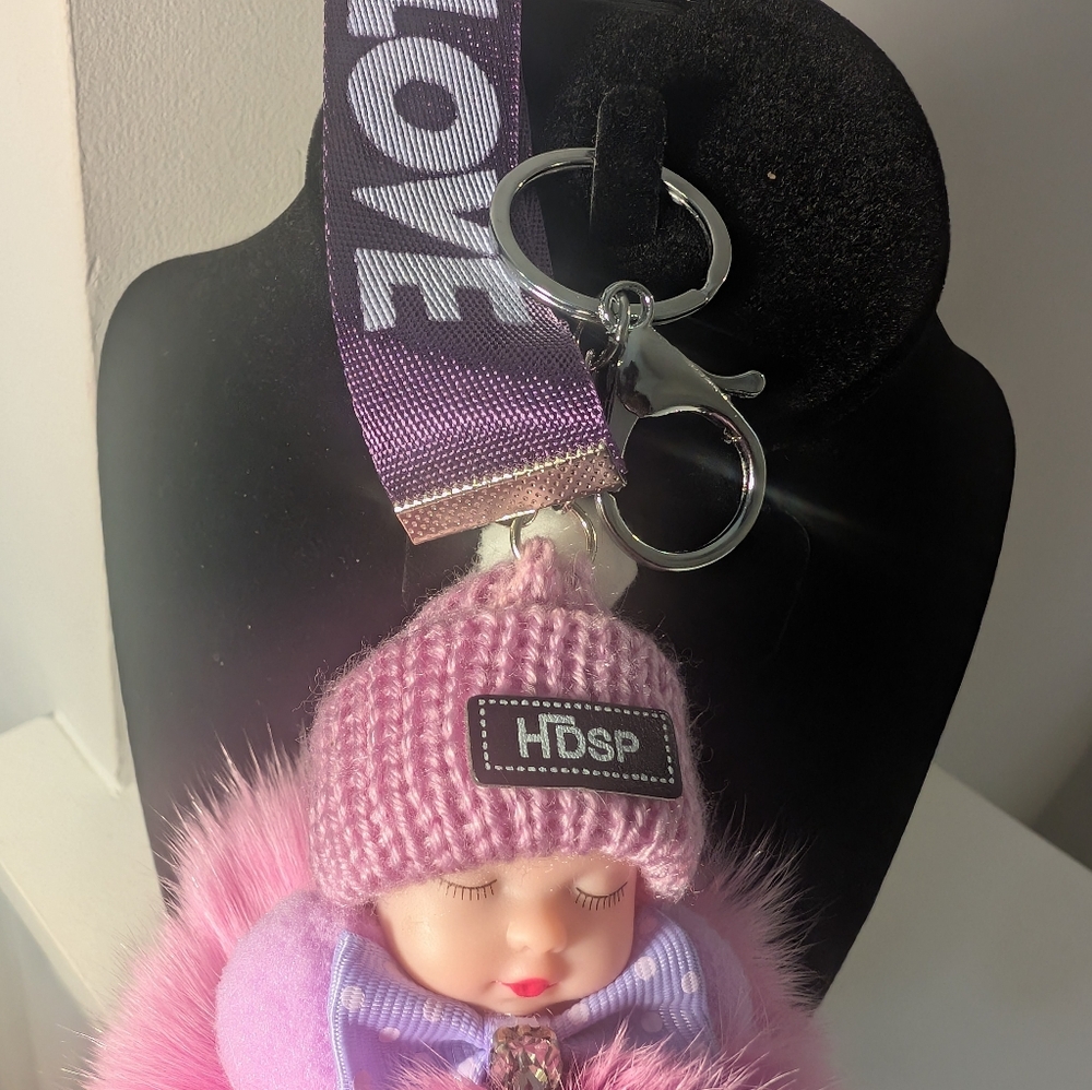 New!Adorable Pink & Purple Sleeping Baby Purse Charm or Keychain with LOVE Strap - Picture 3 of 5